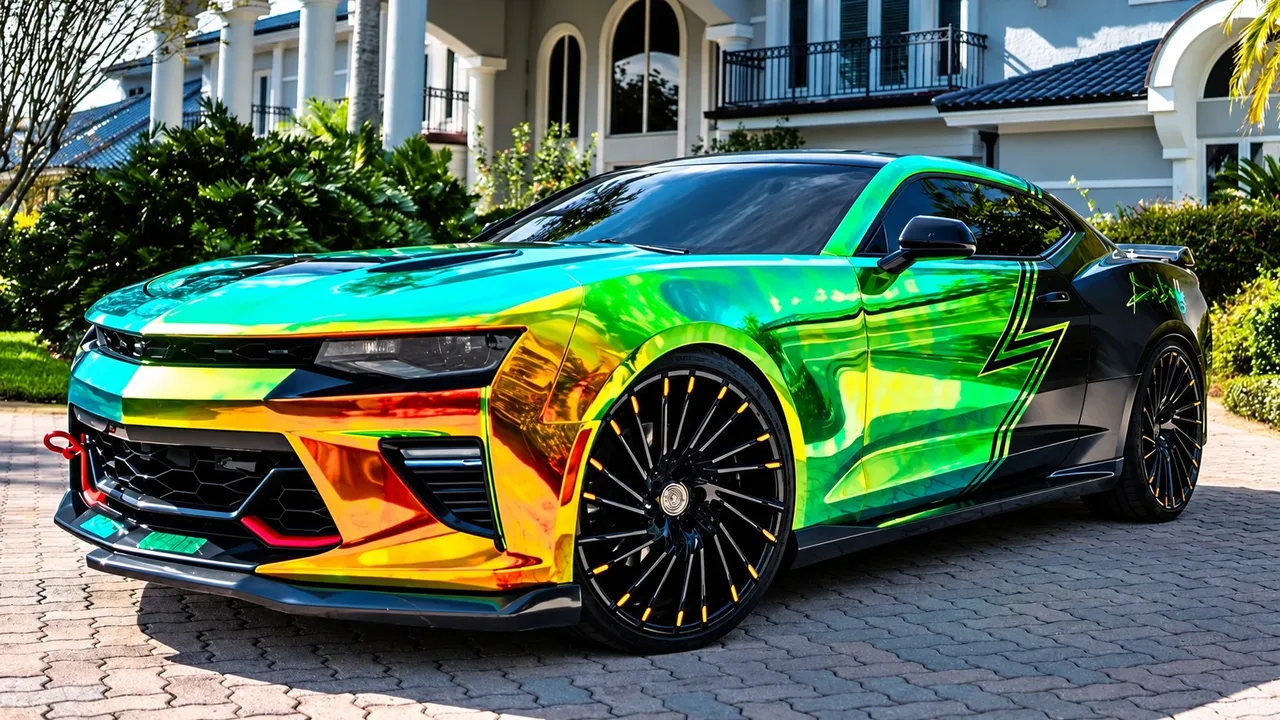 Chevrolet Camaro in a color-shifting chrome wrap on black multi-spoke wheels
