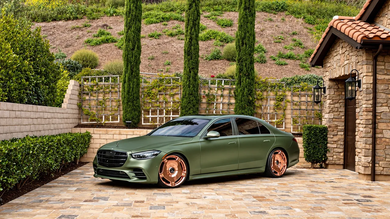 Mercedes-Benz sedan in a matte green wrap with copper-finish wheels