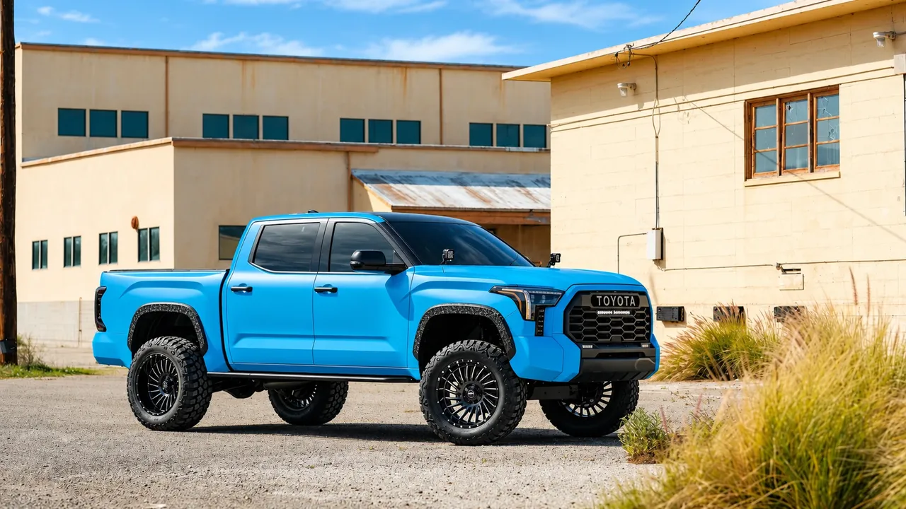 Lifted Toyota pickup in a bright blue wrap on off-road wheels