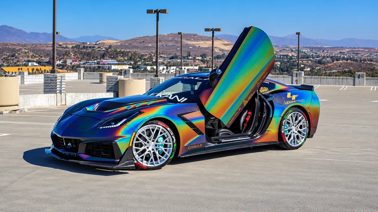 Chevrolet Corvette in a holographic chrome wrap with its door raised