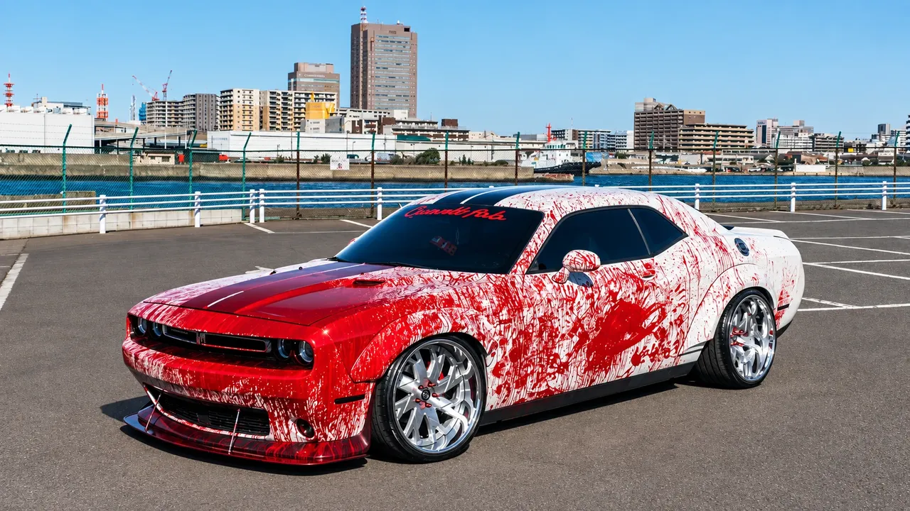 Dodge Challenger in a red and white splatter wrap on chrome wheels