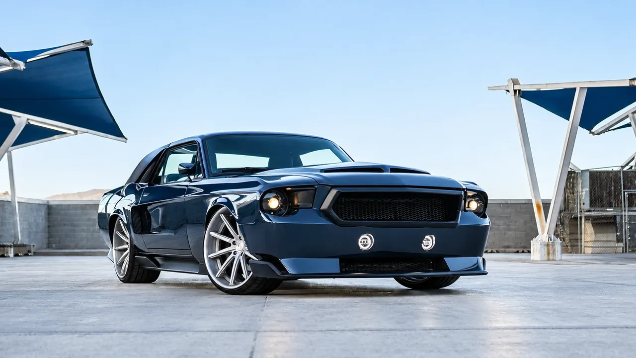 Dark blue Ford Mustang on machined multi-spoke wheels