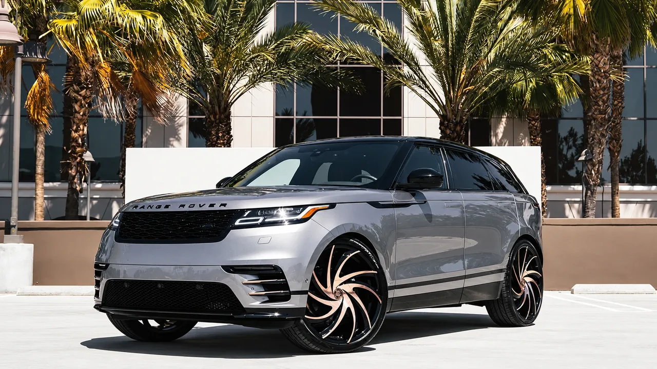 Silver Range Rover Velar on black and rose-gold directional wheels