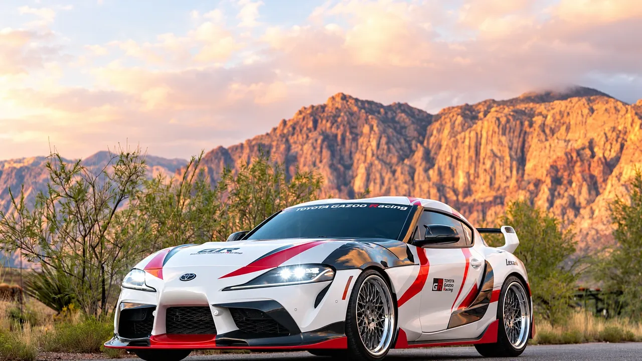 Toyota Supra in a white and red race-style livery on mesh wheels