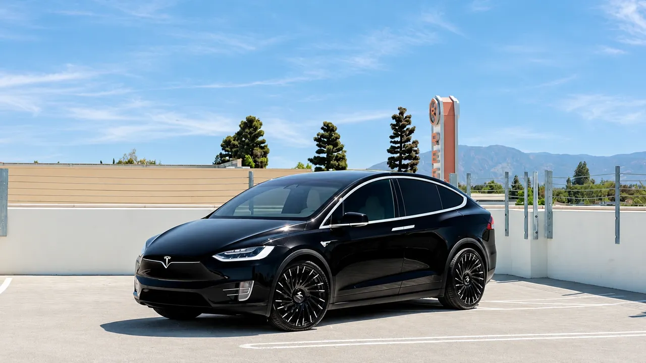 Black Tesla Model X on black multi-spoke wheels