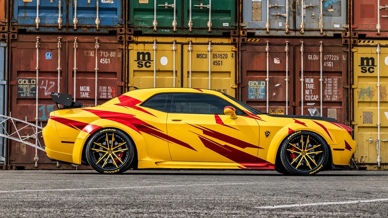 Yellow Dodge Challenger with red slash graphics in front of shipping containers