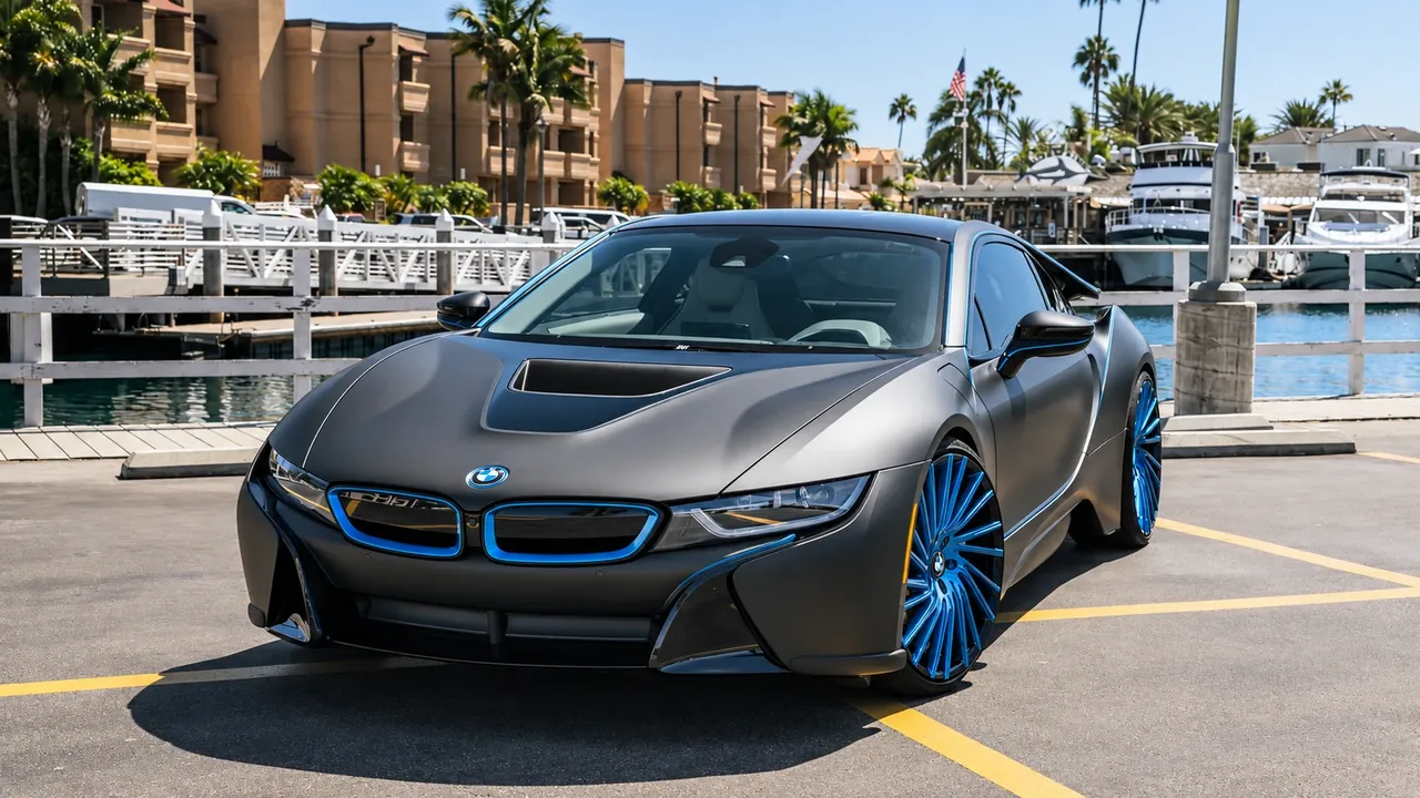 Matte grey BMW i8 on blue multi-spoke wheels
