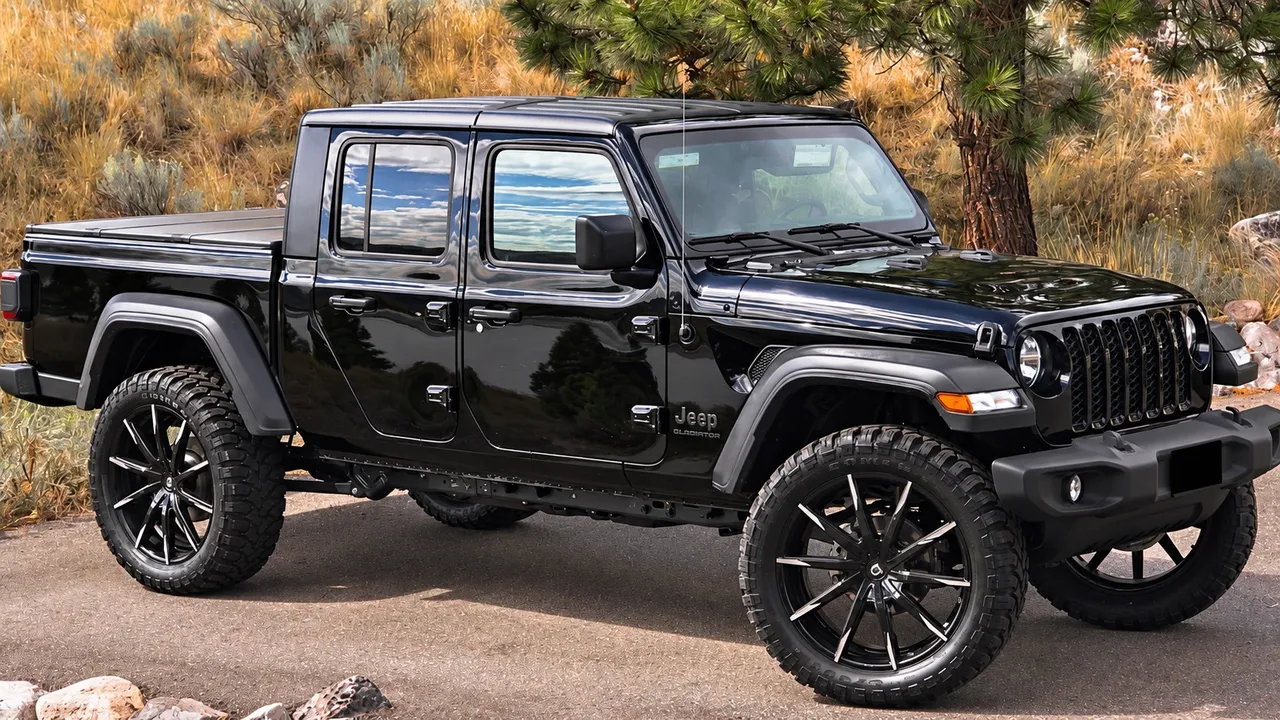 Black Jeep Gladiator on black off-road wheels